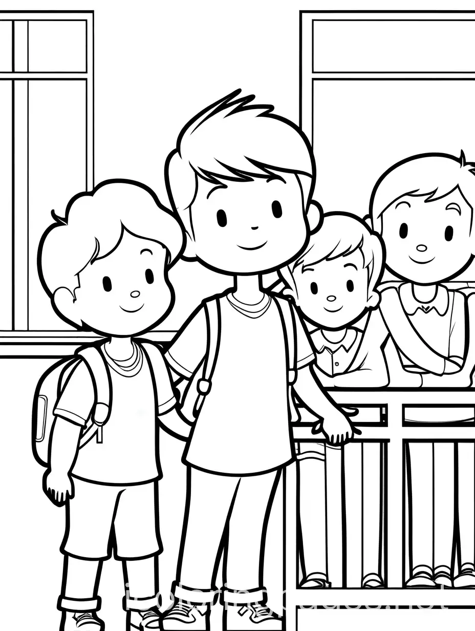 young boy greeting friends at school, Coloring Page, black and white, line art, white background, Simplicity, Ample White Space