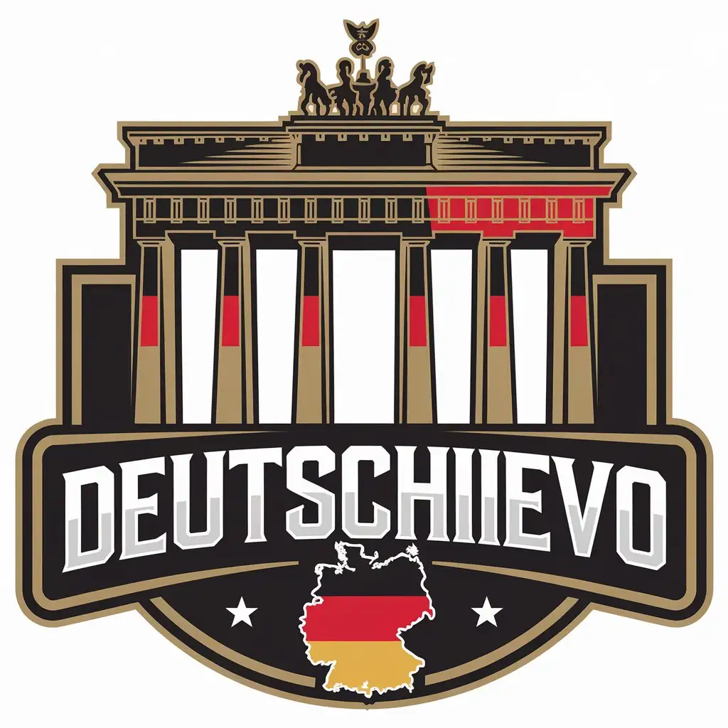 LOGO Design for Deutschievo Vector with Germany Flag Colors Featuring Brandenburg Gate and Map Elements