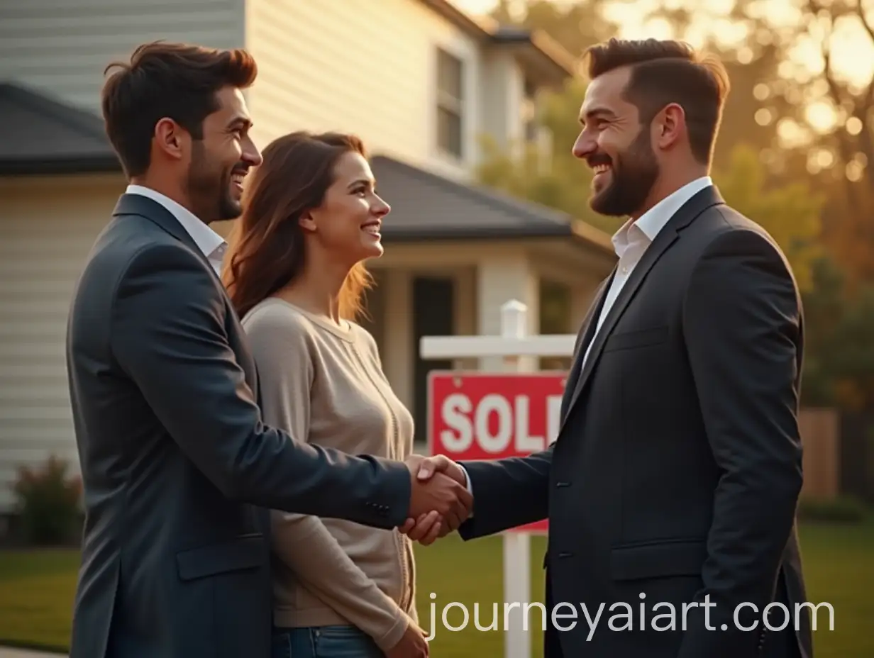 Young-Couple-and-Real-Estate-Agent-Shaking-Hands-in-Front-of-New-Home-with-Sold-Sign