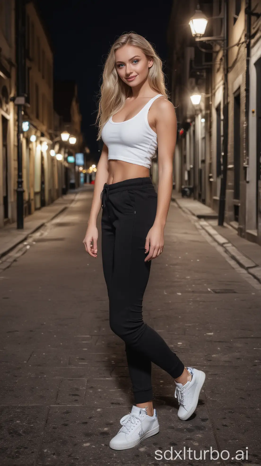 beautiful blonde model with blue eyes and white skin, smiling and posing in tight black pants, high white sneakers, full body, in a city at night