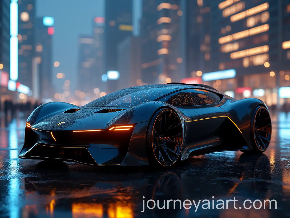 Futuristic-Matte-Black-Concept-Car-with-Gold-Accents-in-Neon-Cityscape