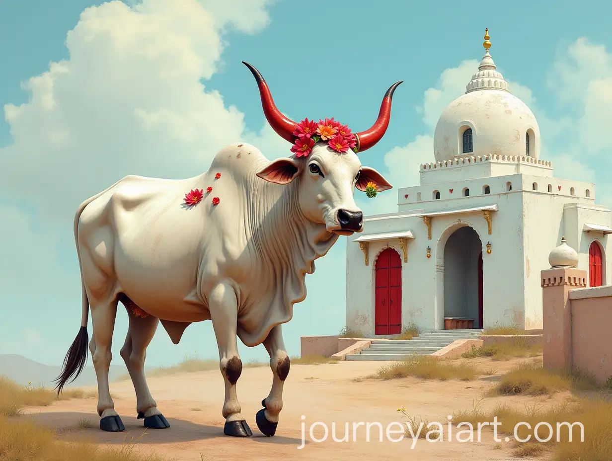 Majestic-White-Cow-with-Red-Horns-Amidst-a-Rajasthan-House