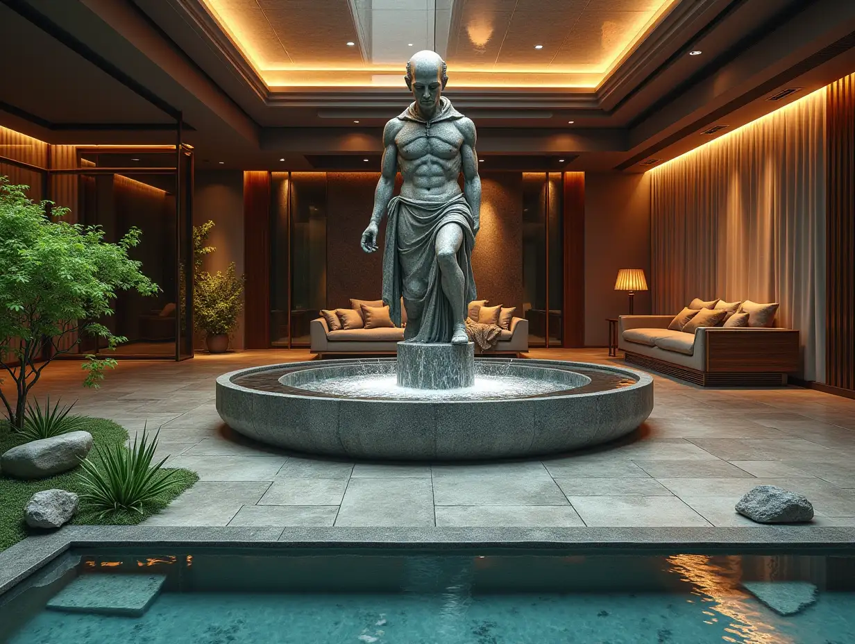 Large modern living room with fountain, Attack on Titan statue Statue, lighting with furniture, plants with Zen garden with carefully tended rocks, a meditative 180 degree 8K resolution colorful capture