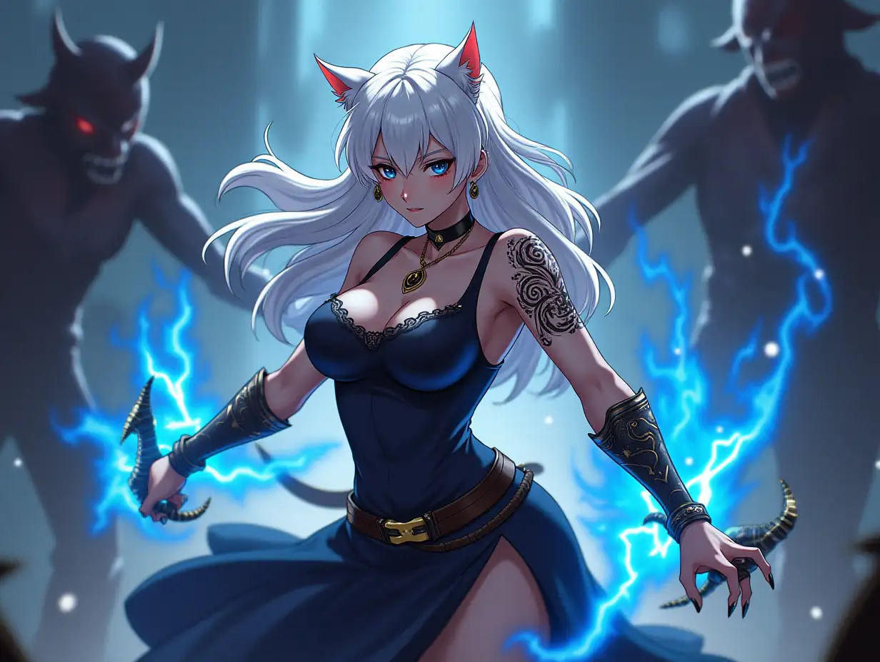 Anime mature adult woman with an hourglass body who looks like she is in her 30's with big breast, blue eyes, black and gold earrings, a choker around her neck, long white hair and white cat ears on her head. She is a hunter, slicing and clawing through demons as she jumps forward with her demonic right arm and her tribal tattoos on her left shoulder as it glows blue lightning and blue fire appears burning and killing the demons that are chasing her. One big demon tries to attack, but her reflexes are faster as she claws up and though it with ease blue blood demon flies everywhere.