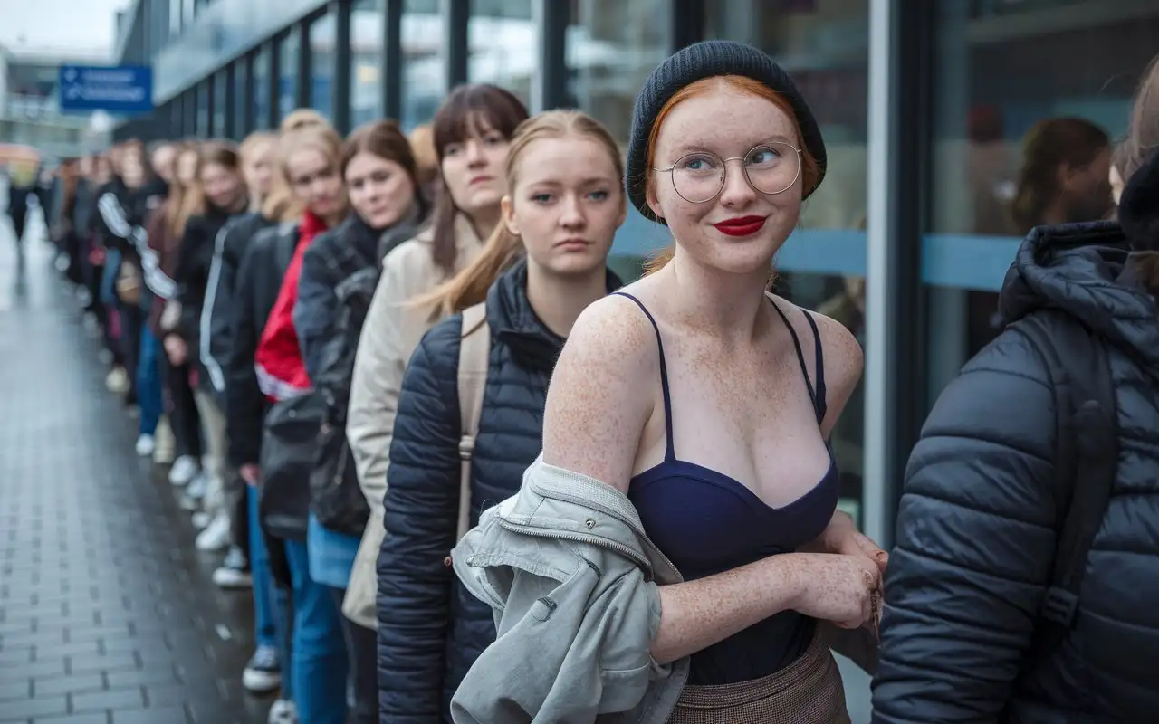 Young Woman with Freckles and Curly Ginger Hair Waiting Outside Recruitment Office