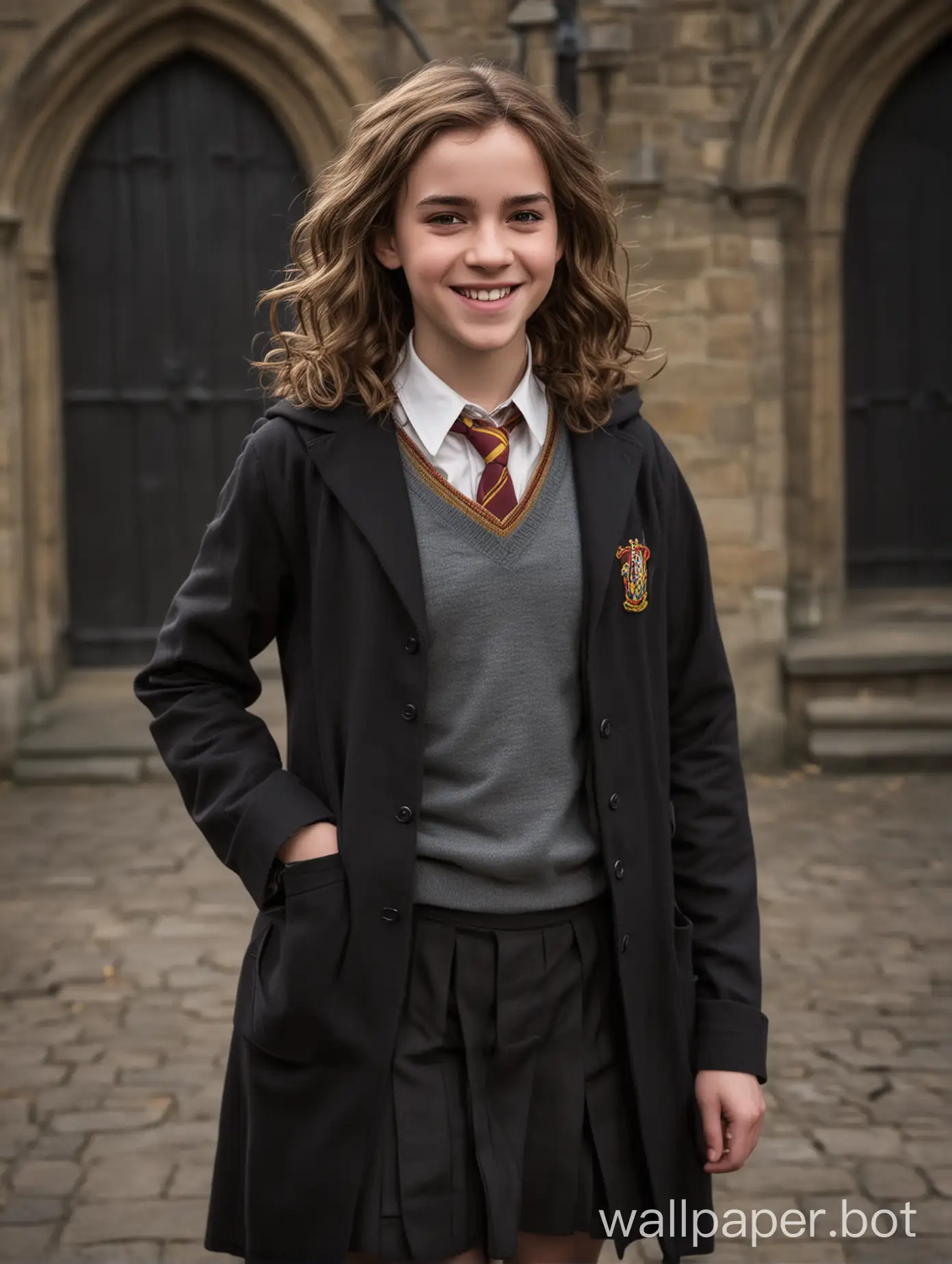 Hermione Granger, full size, smile, dynamic pose, Hogwarts