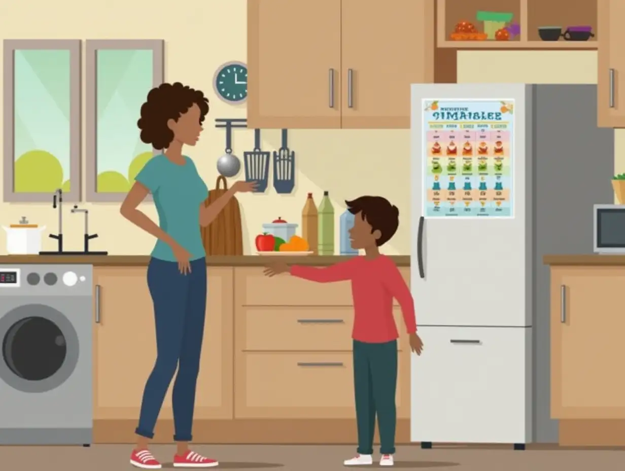 Parent-and-Child-Following-Daily-Routine-in-Cozy-Kitchen-with-Visual-Timetable