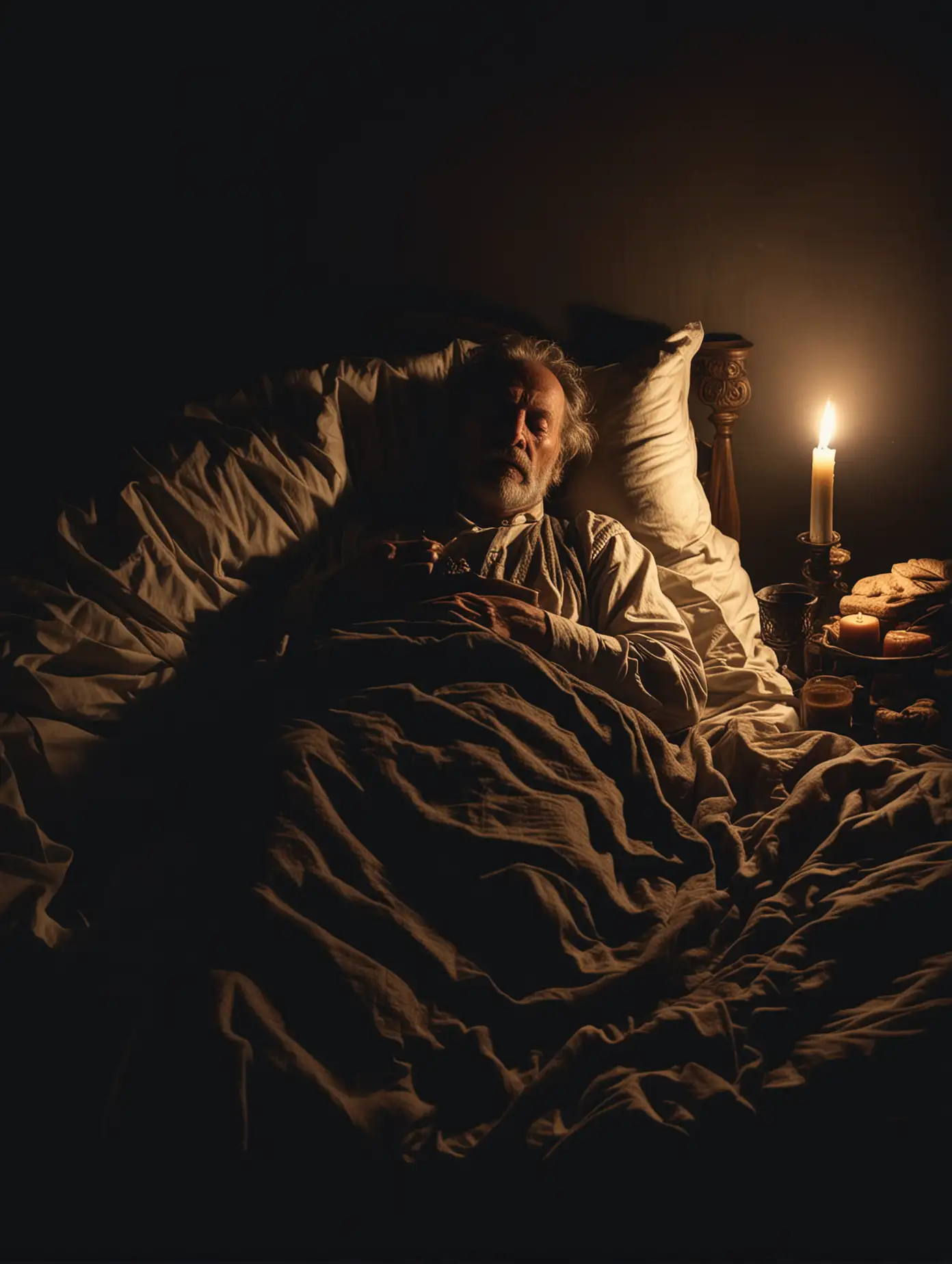 Nighttime-Scene-Elderly-Man-Sleeping-in-Candlelit-Room