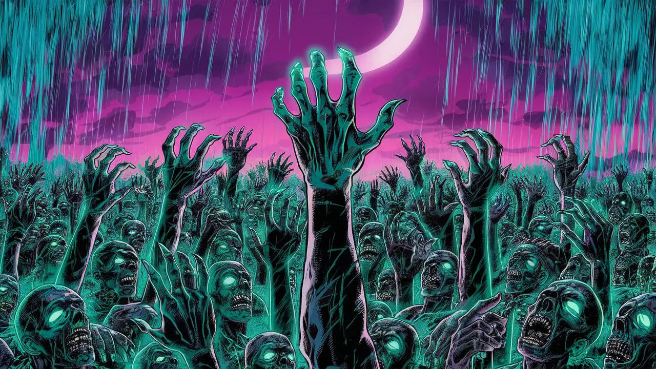 Neon Undead Hands Reaching Towards Purple Sky in Comic Book Art Style