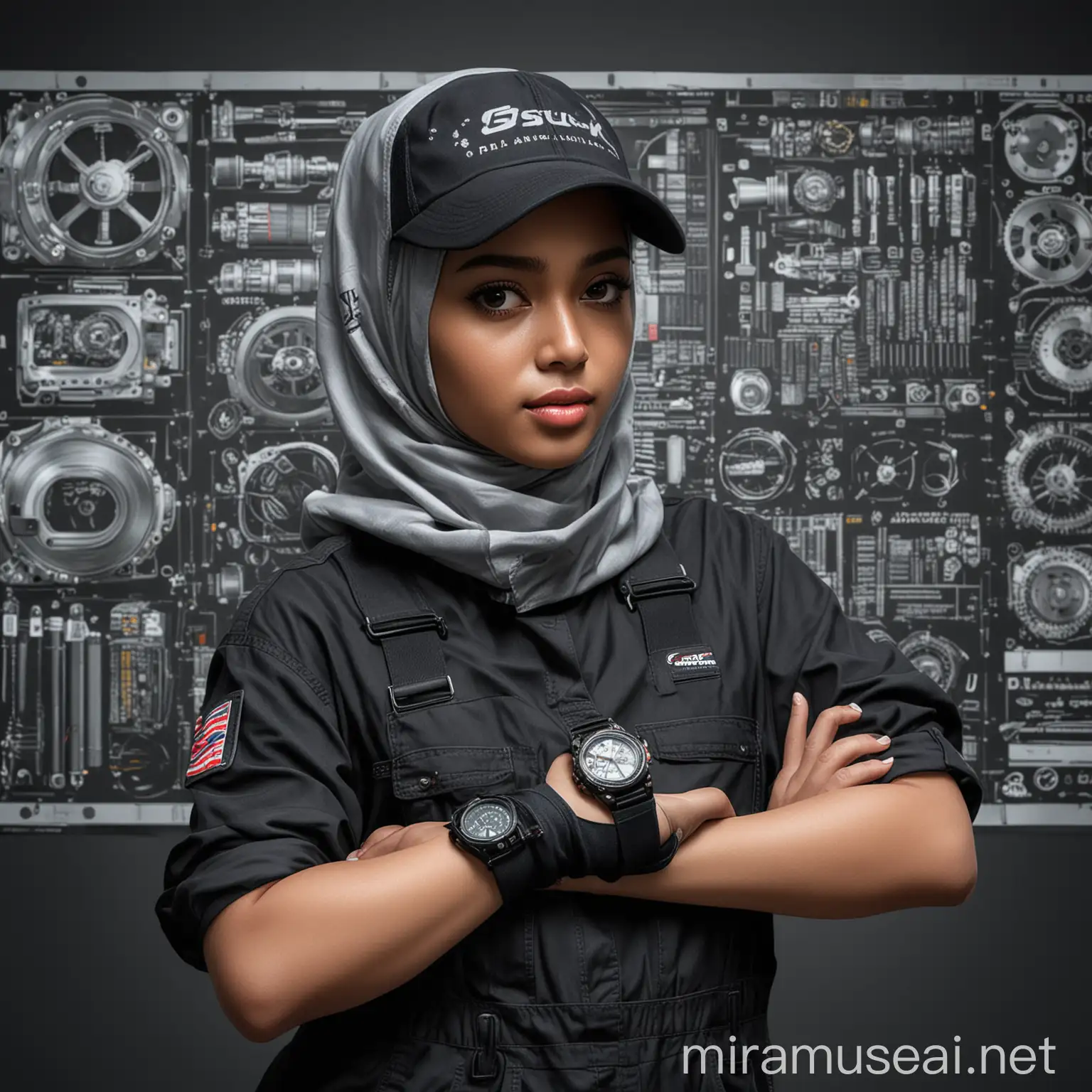 Hyper Realistic Malay Girl in Hijab with Automotive Overall and Trucker Cap at Digital Printing Lab