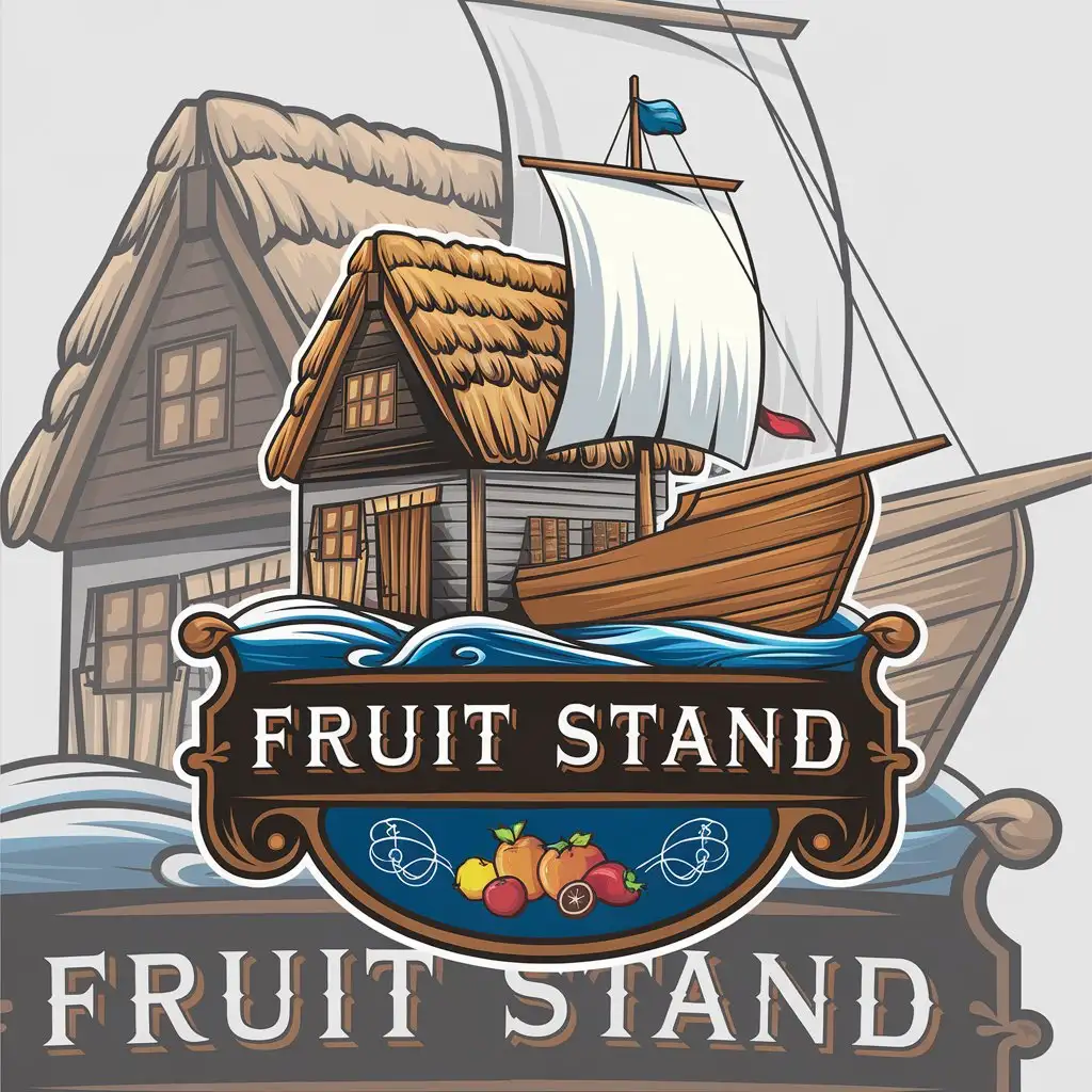 a vector logo design,with the text "Fruit stand", main symbol:House, anime, ship,Moderate,clear background