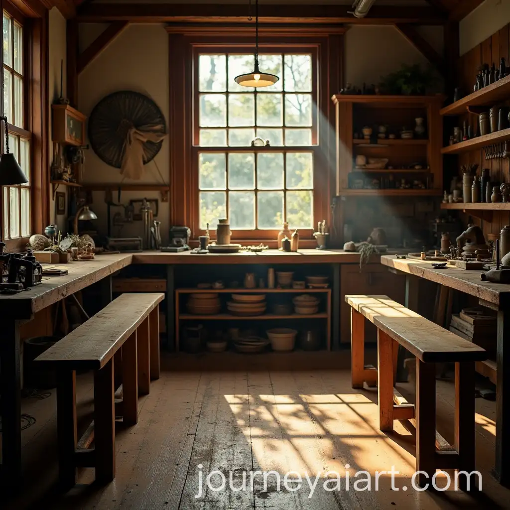 Artisan-Workshop-with-Wooden-Benches-and-Hand-Tools-in-Sunlight
