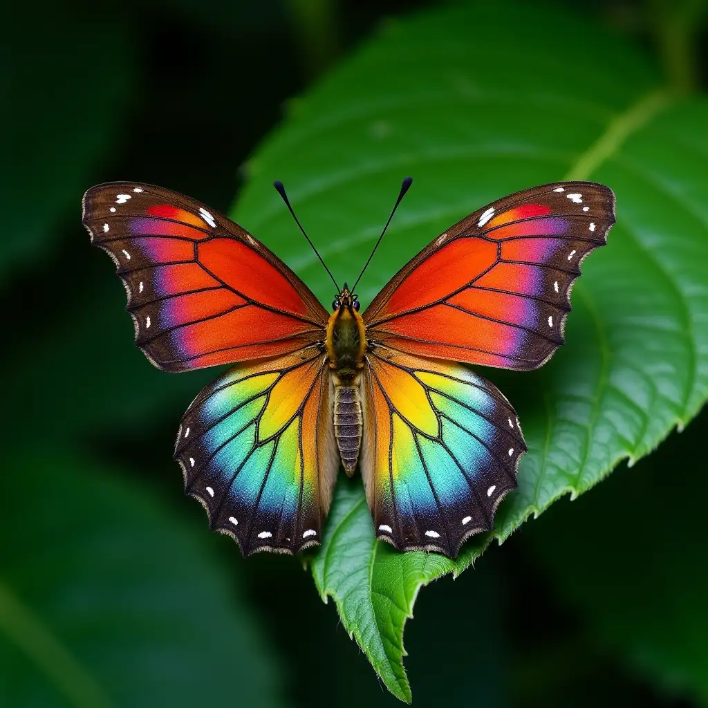 Close up colorful butterfly wings resting on a green leaf texture