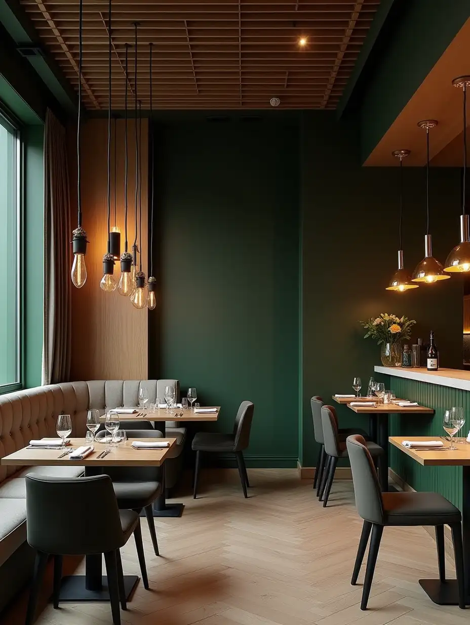 Modern-Fusion-Restaurant-Interior-Design-with-Dark-Green-and-Light-Greige-Accents