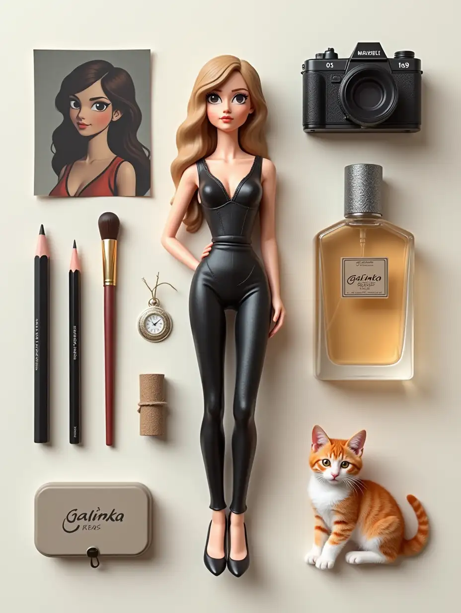 Create a starter set of action figure-style images based on the character from the photo. The set includes a slender, elegant single figurine modeled after a character from a photograph, as well as a camera, perfumes, pencils and brushes, and a kitten. The label galinka is highlighted in bold on the packaging.