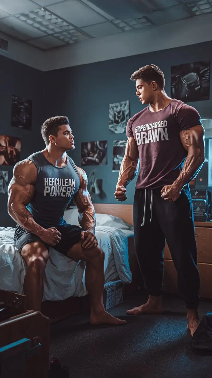 In a dorm room at night. 2 musclegod bodybuilders. Supercharged brawn. Herculean powers. 18 years old. Reverently discussing their powers and destinies. Photorealistic.