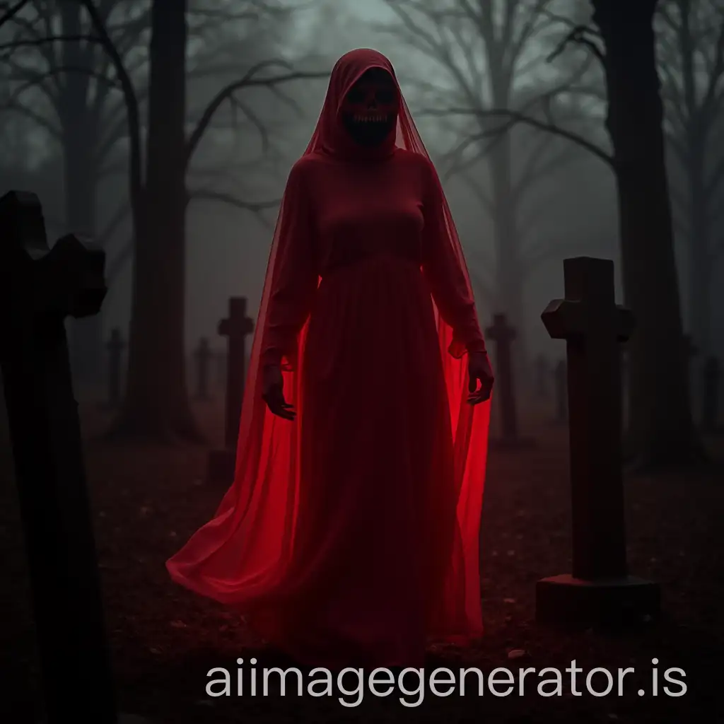 red ghost woman in graveyard