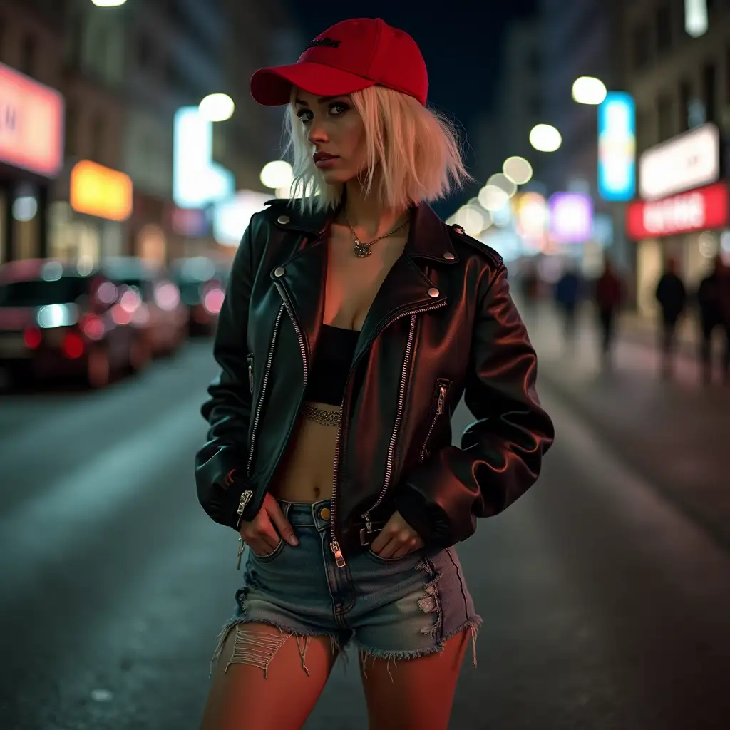 Punk-Girl-with-Blonde-Bob-Haircut-and-Red-Baseball-Cap-in-City-Street-at-Night