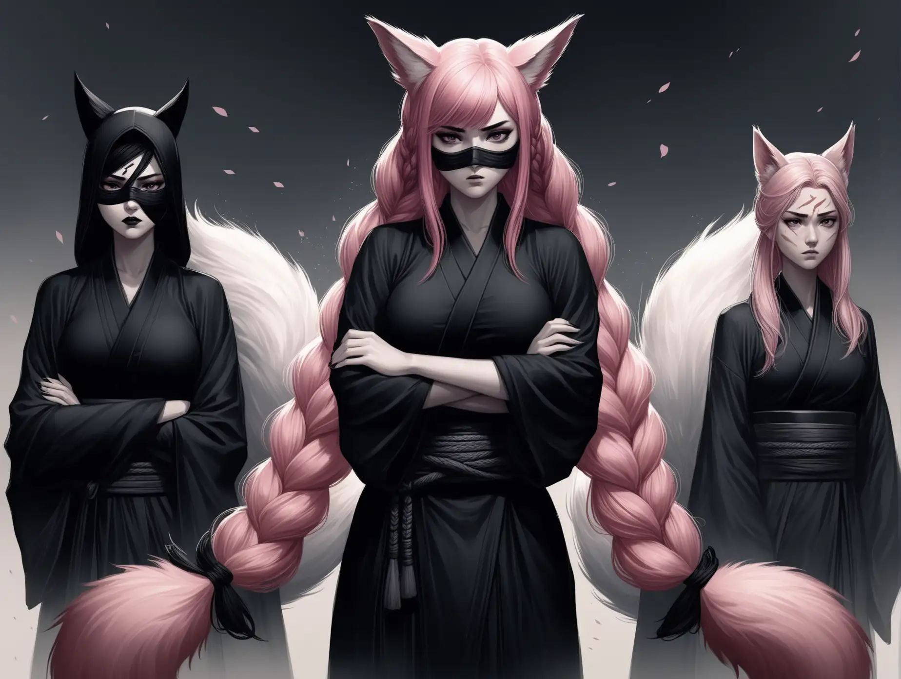 Fantasy-Ninja-Girl-with-Fox-Ears-and-Fluffy-Tails-in-Black-Kimono