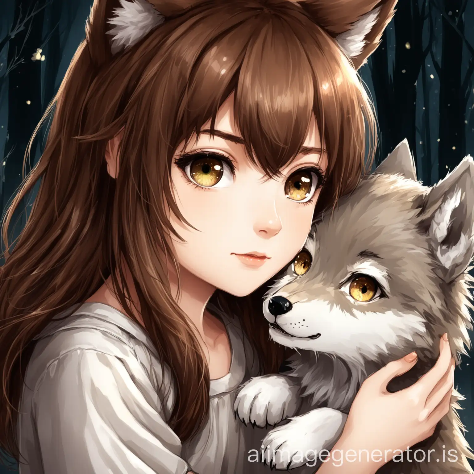 Girl-with-Brown-Hair-and-Wolf-Ears-Holding-a-Wolf-Cub