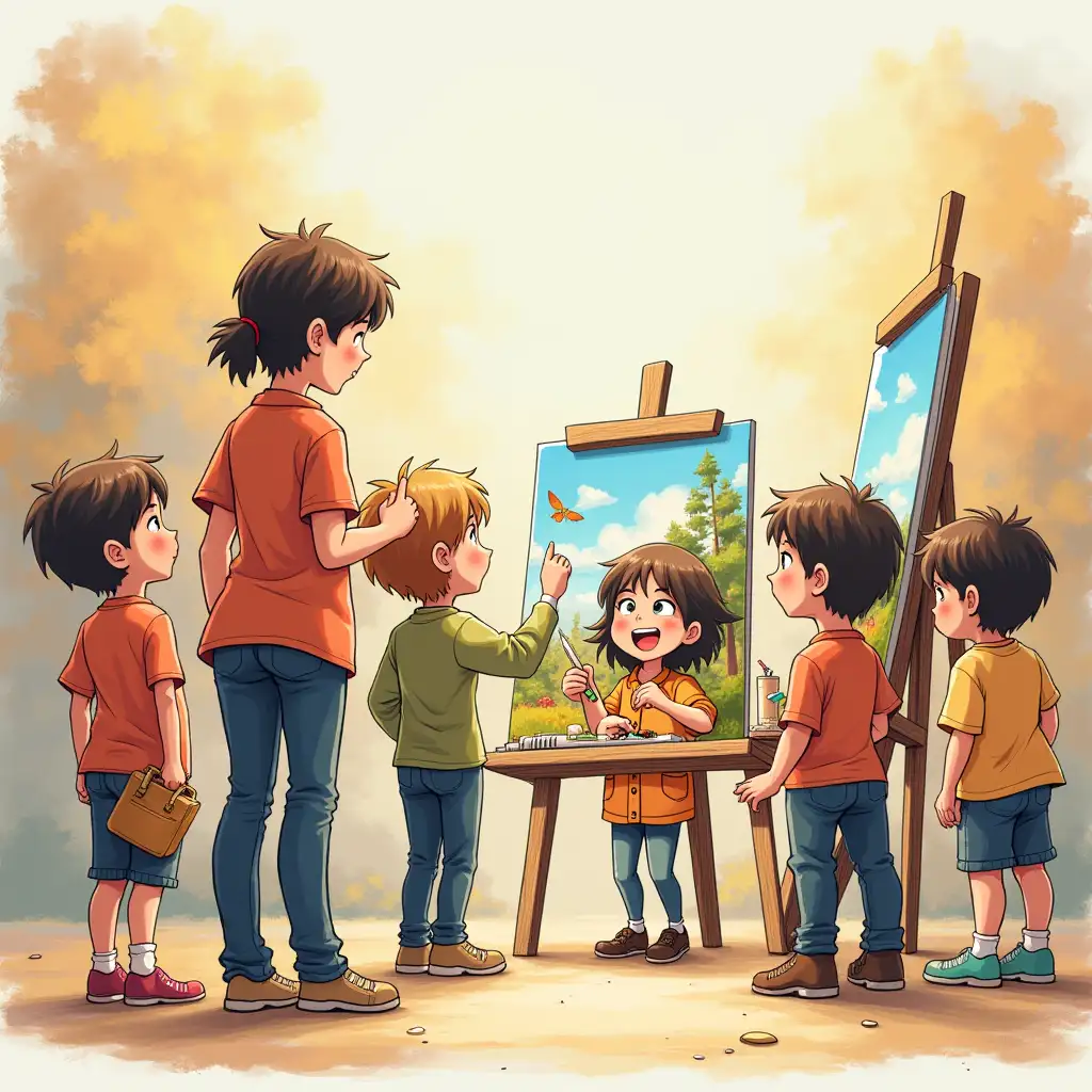 Image of children participating in a young artists contest, characters draw paintings