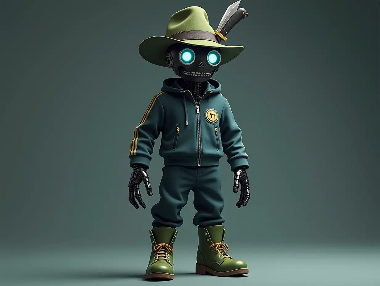 Create a high-resolution, realistic image of a robot with a skeletal body blue eyes, green leather boots and head a stylish tracksuit, and a knife in a top hat in 4K resolution