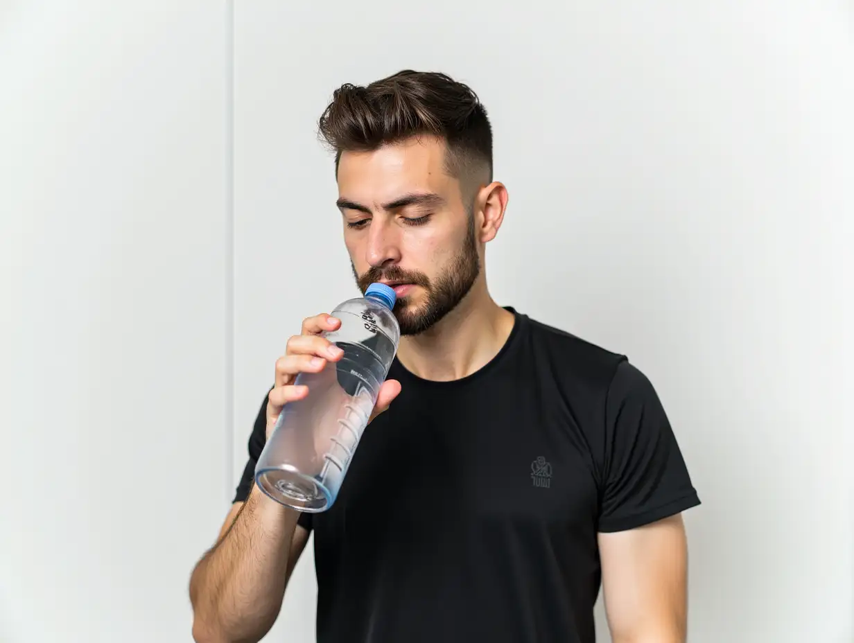 A young man is taking a break from his workout while staying hydrated. He is wearing a black athletic shirt and is focused on drinking from a clear water bottle. The background is blank