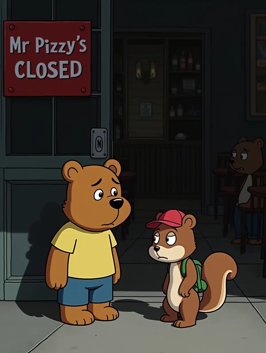 Setting: Mr. Pizzy's Pizza Shop, empty and quiet, with a 'Closed' sign on the door. The background should feature a darkened shop with empty tables and chairs. Characters: Benny the Bear: He should be wearing a yellow t-shirt and blue shorts. Benny should look concerned and confused, with his ears folded back. Sammy the Squirrel: A quick-witted squirrel with a mischievous grin. He should be wearing a red hat and a green backpack. Sammy should look worried, with his tail tucked between his legs.