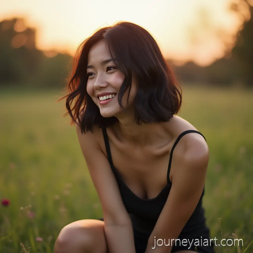 Happy-Asian-Woman-Squatting-in-Park-at-Sunrise-with-Black-Bob-Hair