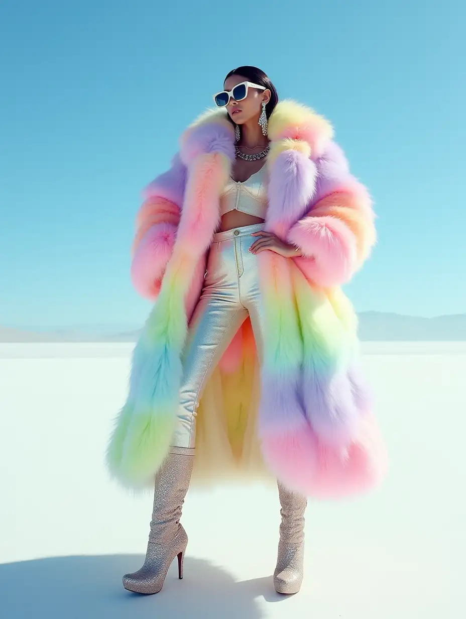 a model standing against a bright blue sky, wearing a luxurious, oversized fur coat in a pastel rainbow gradient. The coat is voluminous, fluffy, and has a mix of pink, purple, yellow, green, and blue hues blending seamlessly. The model's outfit includes a light, shimmering top tucked into high-waisted, intricately designed pants, paired with bold platform boots embellished with decorative elements. She accessorizes with oversized sunglasses and dramatic, sparkling earrings. The background consists of a snowy or salt flat landscape with a dreamy, ethereal mist effect surrounding her, emphasizing the bold fashion statement. The overall look combines high fashion with a fantasy-inspired aesthetic.