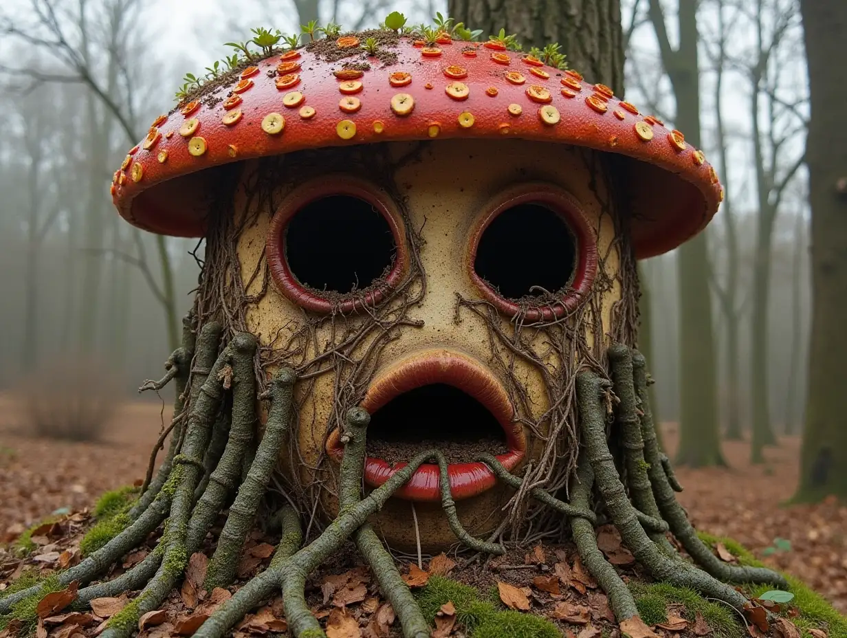 Face transformed into building with brown Fly Agaric roots