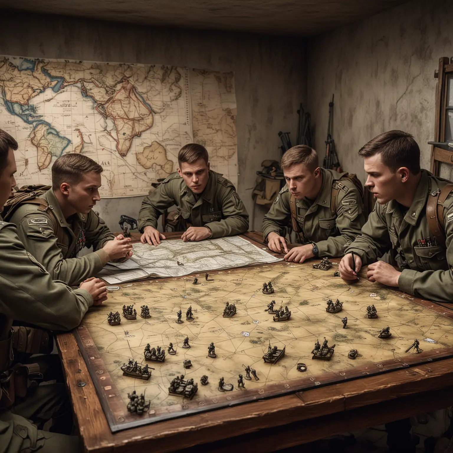 realistic image with 5 soldiers in a room around a table looking looking at a tabletop wargaming map.
