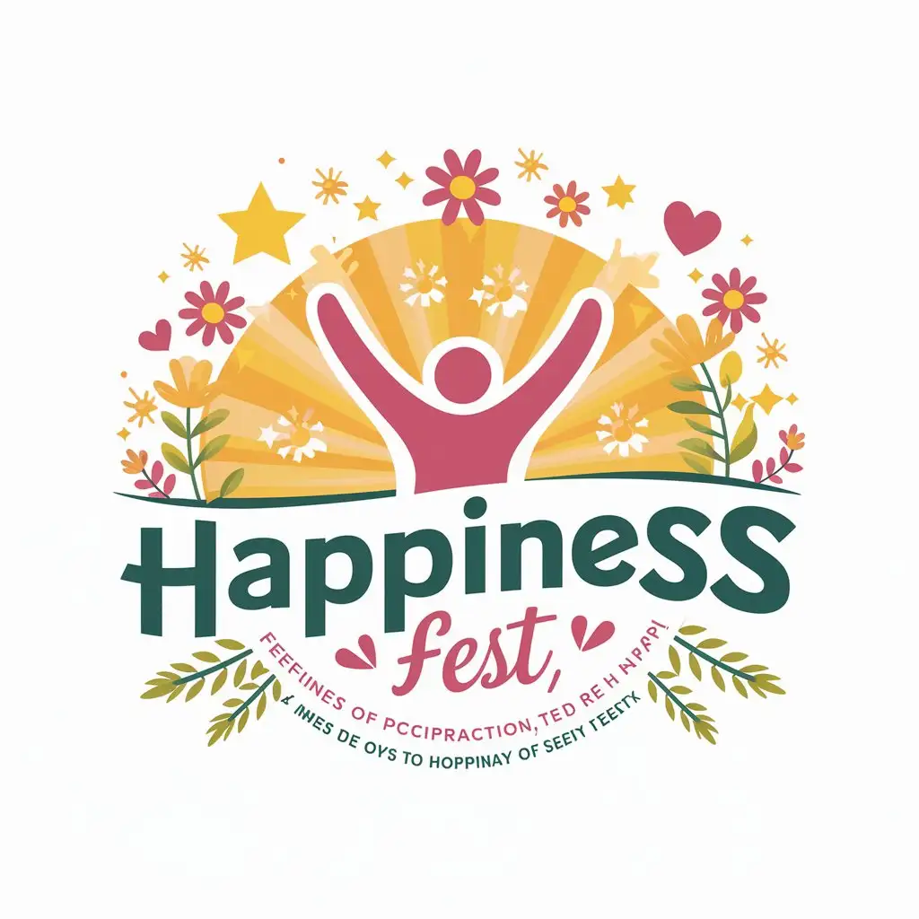 a vector logo design,with the text "Happiness Fest", main symbol:The Happy Fest logo features a bright and life-affirming design. At the center is a happy person with raised arms, symbolizing joy and freedom. Surrounding him are elements of happiness: flowers, stars, and hearts, creating an atmosphere of celebration and positive emotions.nnThe color palette includes warm and saturated shades such as yellow, pink, and green, enhancing the feeling of happiness and inspiration. At the bottom of the logo is a signature: 'Festival of psychopractice, to be happy', made in a modern and friendly font, emphasizing the accessibility and openness of the event.nnThe general design conveys a positive mood and invites everyone to join the holiday of happiness and self-improvement.,complex,be used in Events industry,clear background