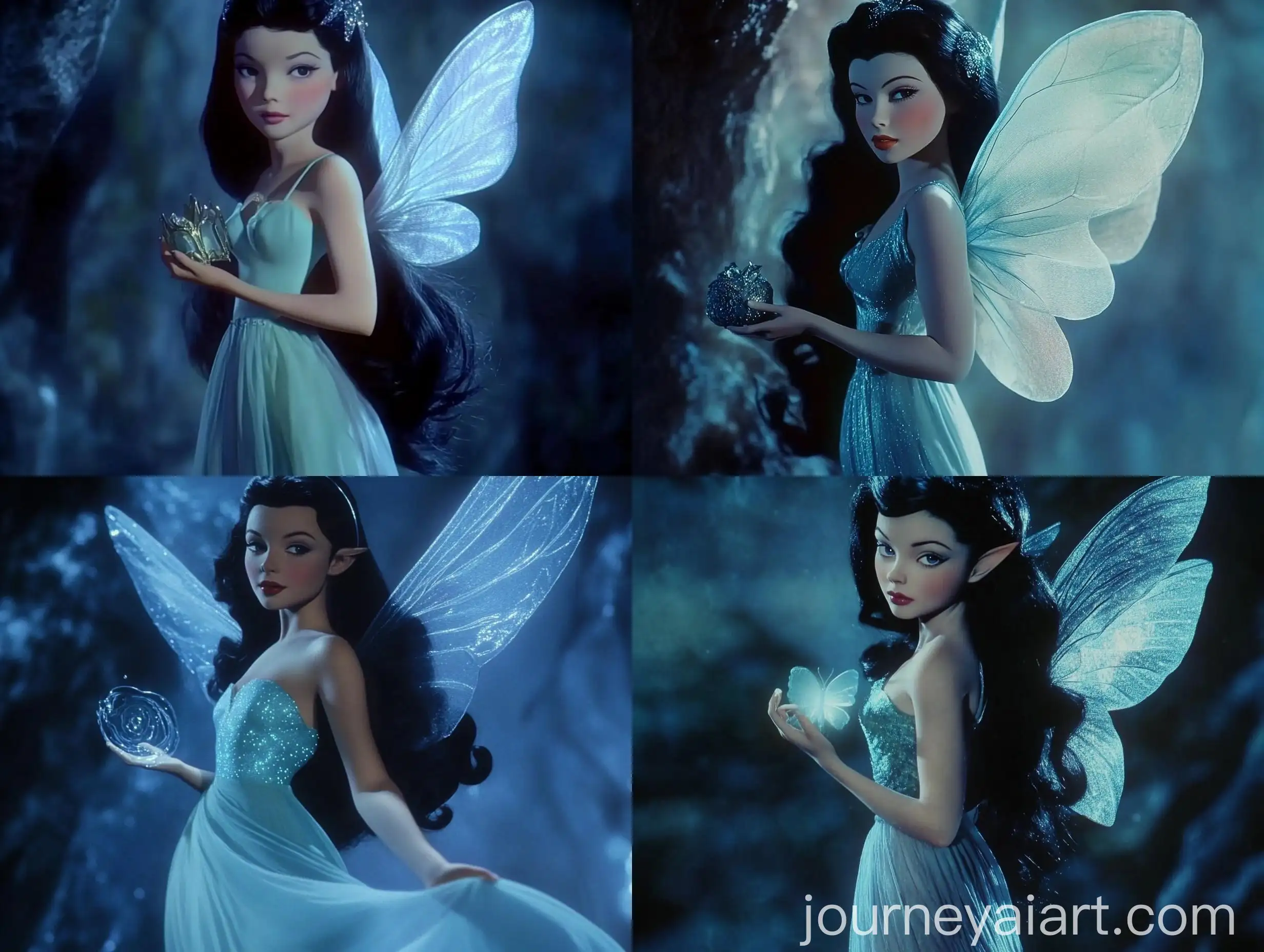 Retro-Fairy-with-Long-Flowing-Black-Hair-in-Shimmering-Blue-Dress