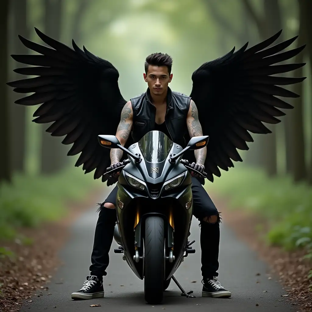 Indonesian-Man-with-Majestic-Black-Wings-Riding-a-Kawasaki-Ninja-ZX10RR-on-Forest-Path