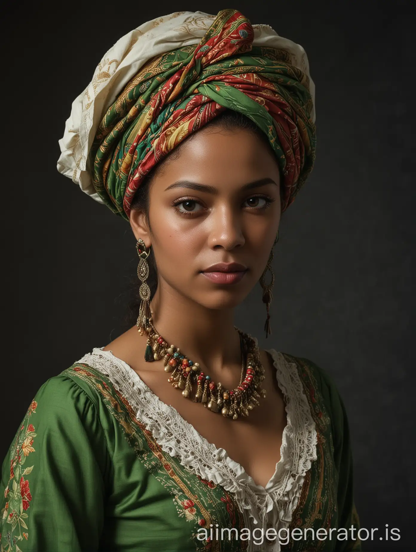 very beautiful carribean woman light skin  woman in west indies madras costume stand in a dark background, in the style of contemporary realist portrait photography, green academia, ottoman art, realist fine details --ar 91:128 --v 5 --q 2 --s 750