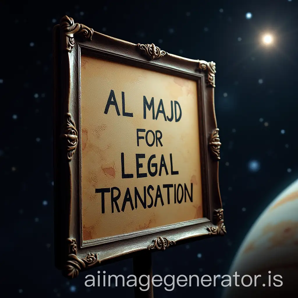 A board in space near planet Jupiter written on it 'AL MAJD FOR LEGAL TRANSLATION'