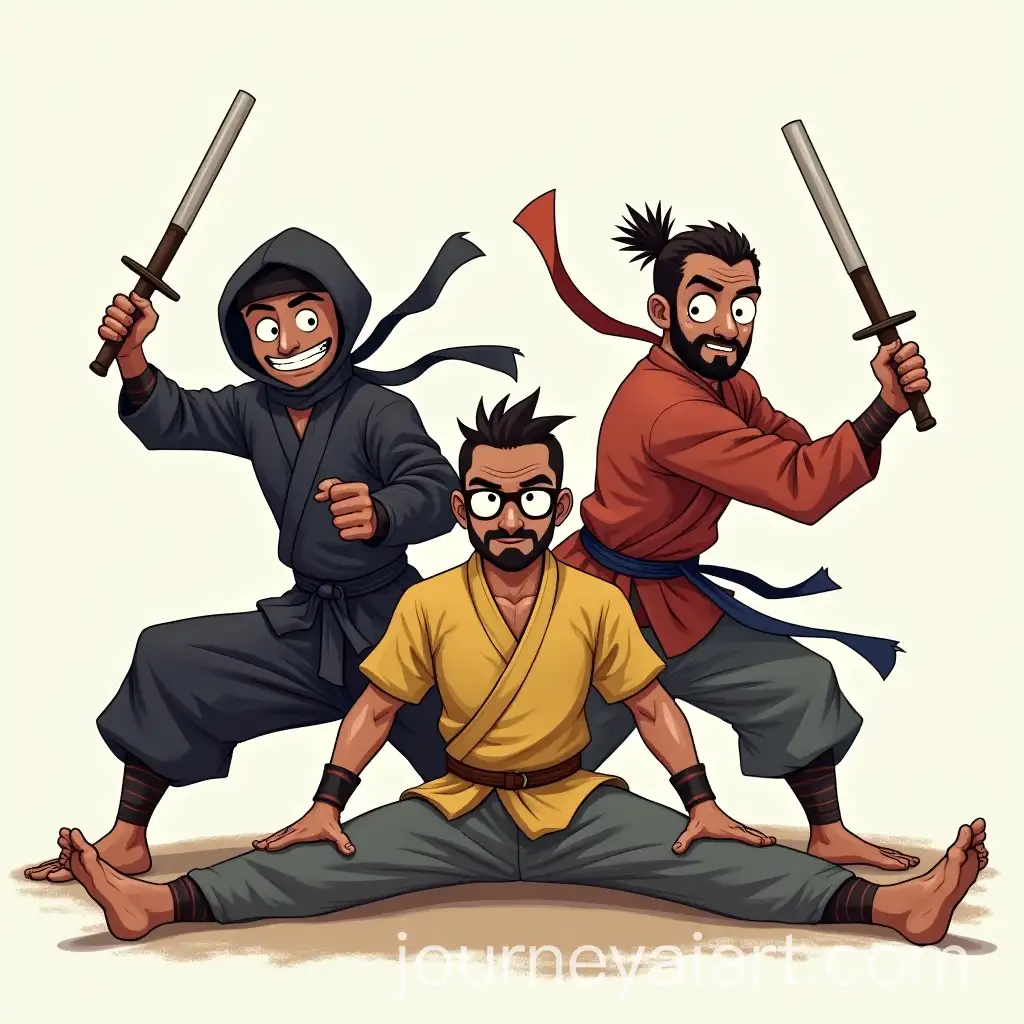 Three-Diverse-Men-Practicing-Martial-Arts-with-Nunchakus