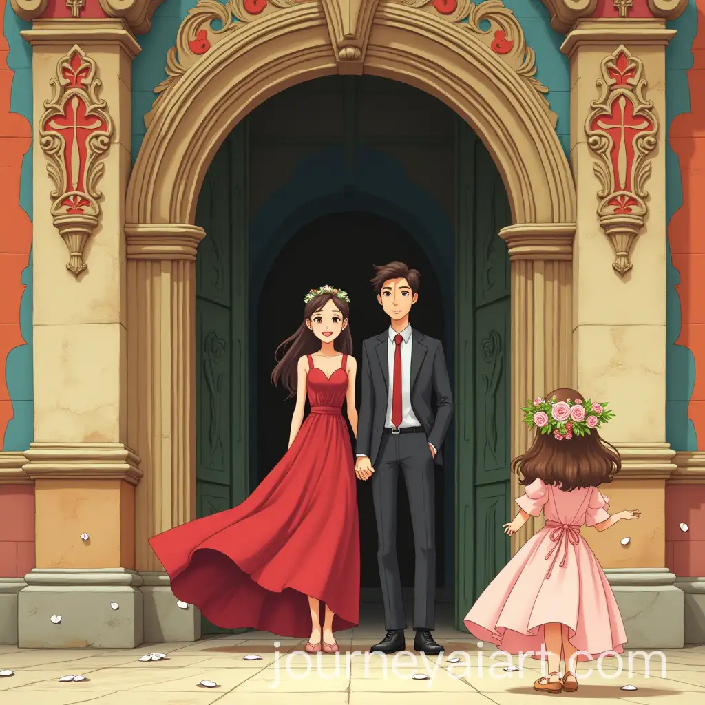 Young-Couple-and-Flower-Girl-in-Front-of-Ornate-Church-Entrance-in-Studio-Ghibli-Style