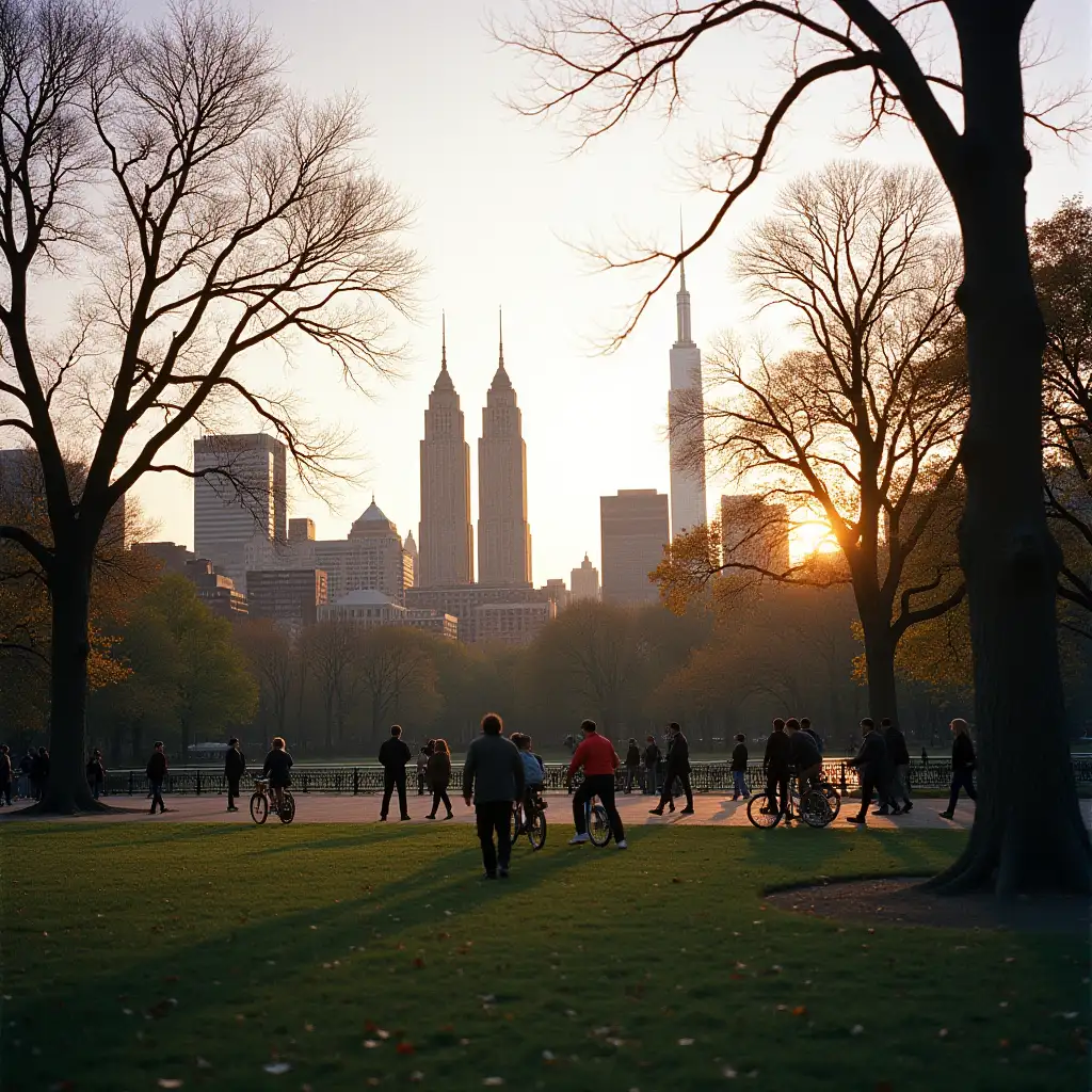 A photograph of people walking and cycling in Central Park, New York City, with skyscrapers visible behind the trees. The park is full of autumn colors from falling leaves, and there's an urban skyline visible on one side. People appear to be enjoying their time outdoors at sunset. Taken with a Hasselblad camera and Kodak Portra film stock.