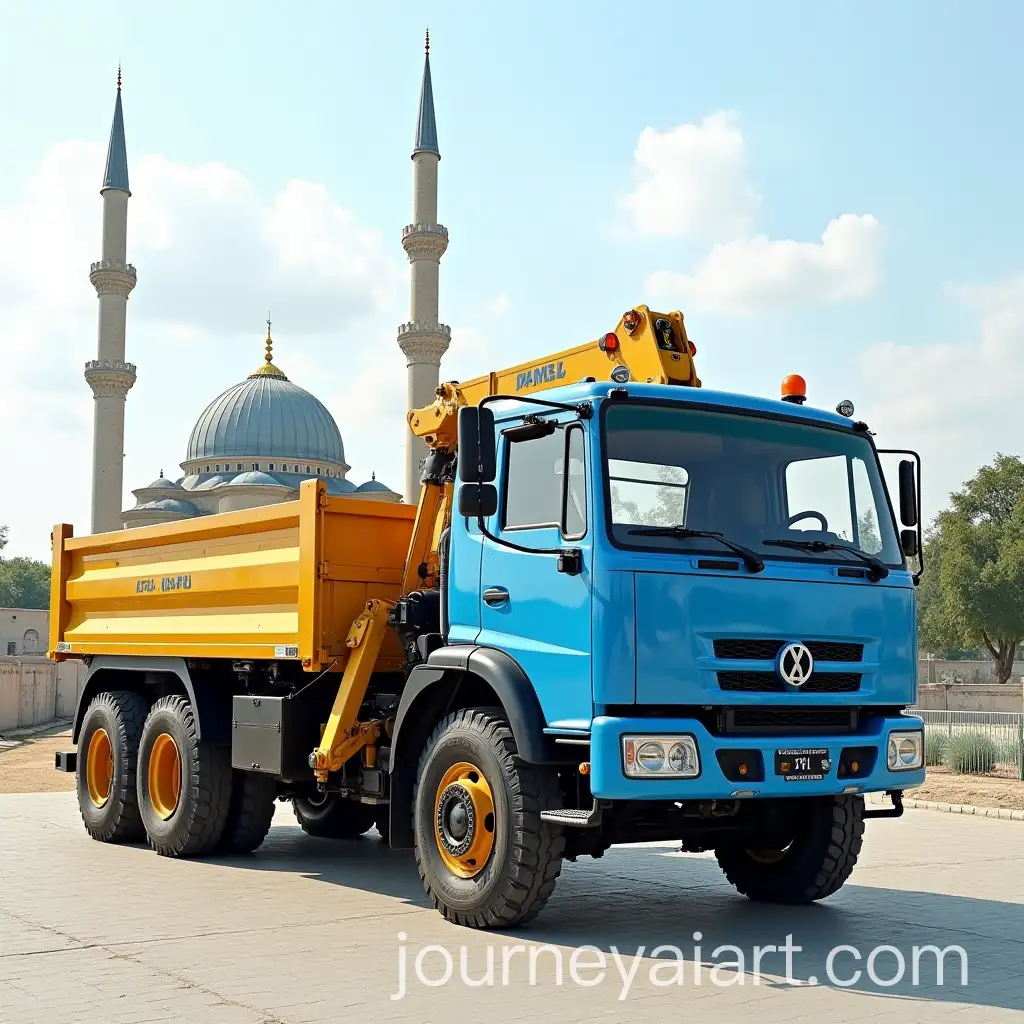 Telescopic-SelfPropelled-Lift-Truck-with-Blue-Body-and-Yellow-Boom-in-Front-of-Kul-Sharif-Mosque
