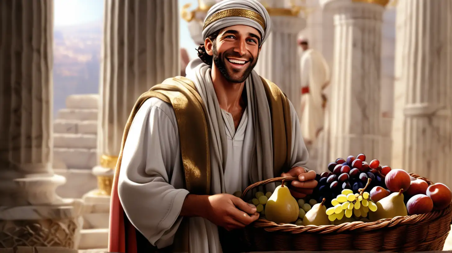 Hebrew Man Smiling with Fruit Basket in Ancient Temple