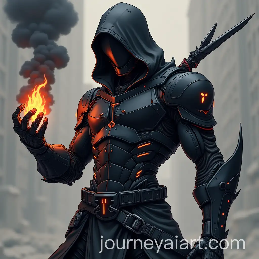 Young-Cyborg-Assassin-in-Futuristic-Armor-with-Hidden-Blade-and-Black-Flame