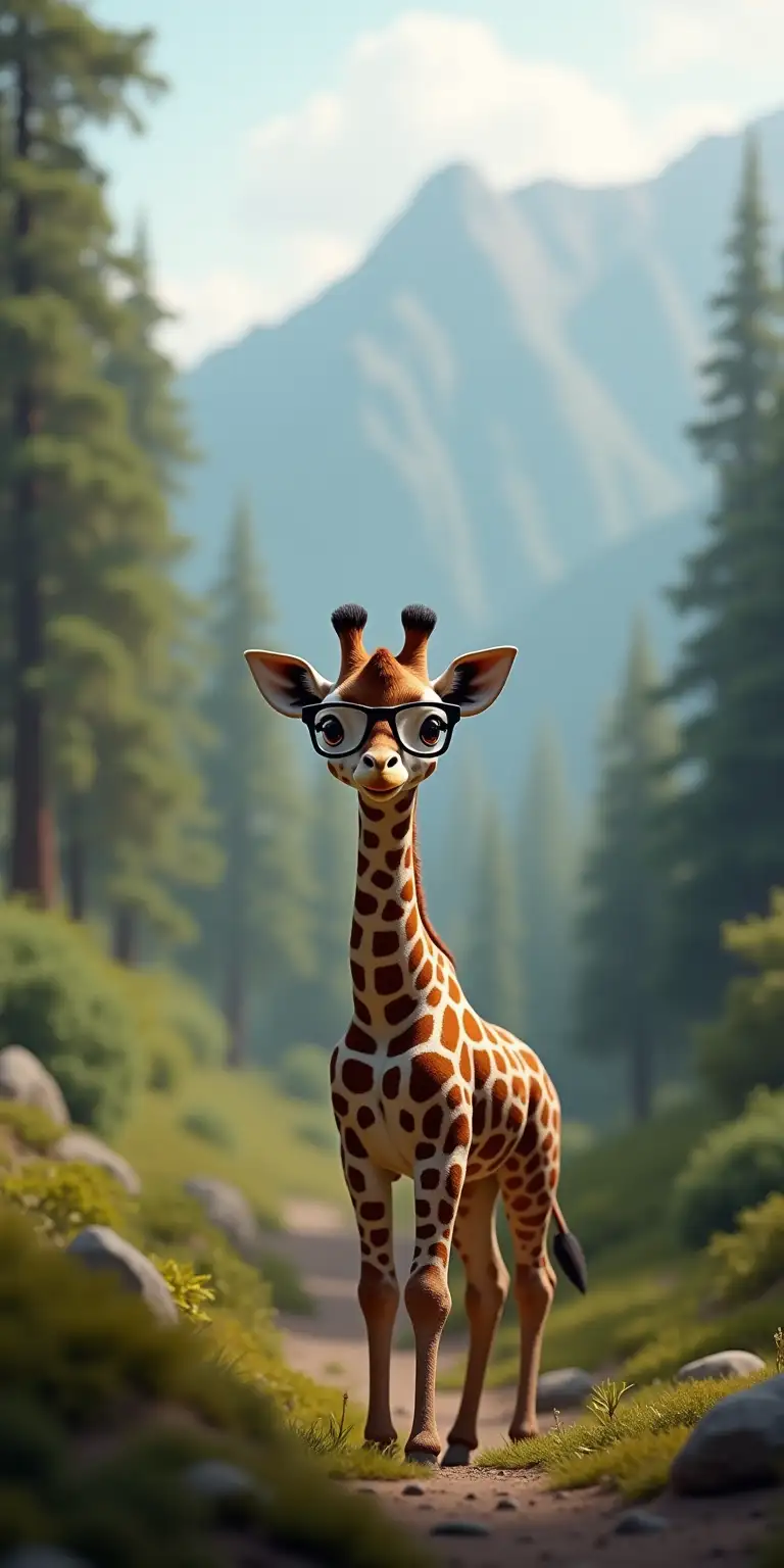 small baby Giraffe with glasses  in the  far space  in the mountains forest