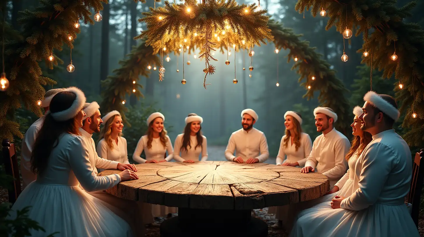 Gathering in a Magical Christmas Forest with Festive Decorations