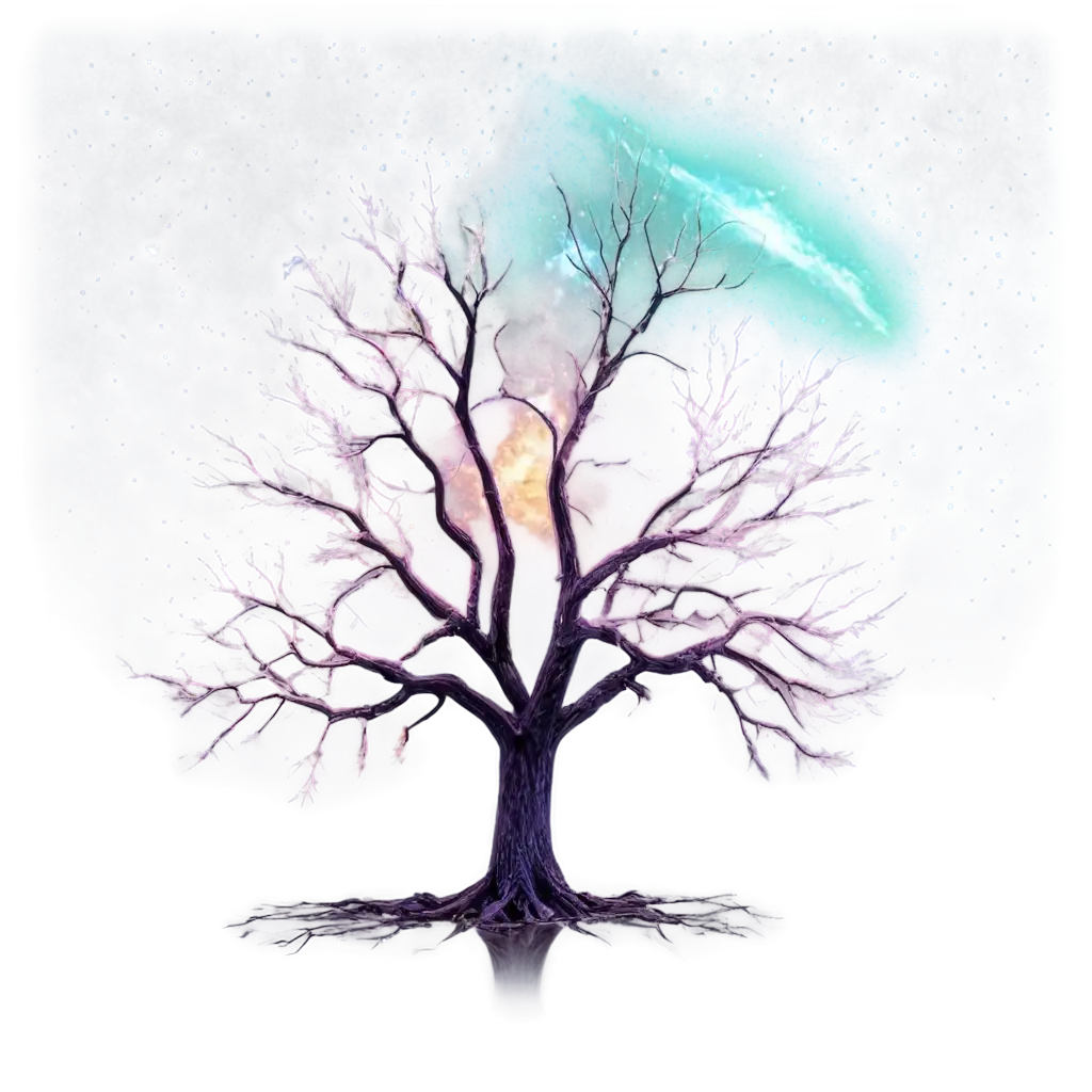 A majestic iridescent cosmic tree, its glowing roots and branches reaching into a galaxy of vibrant nebulas and stars, radiating ethereal light and cosmic energy.