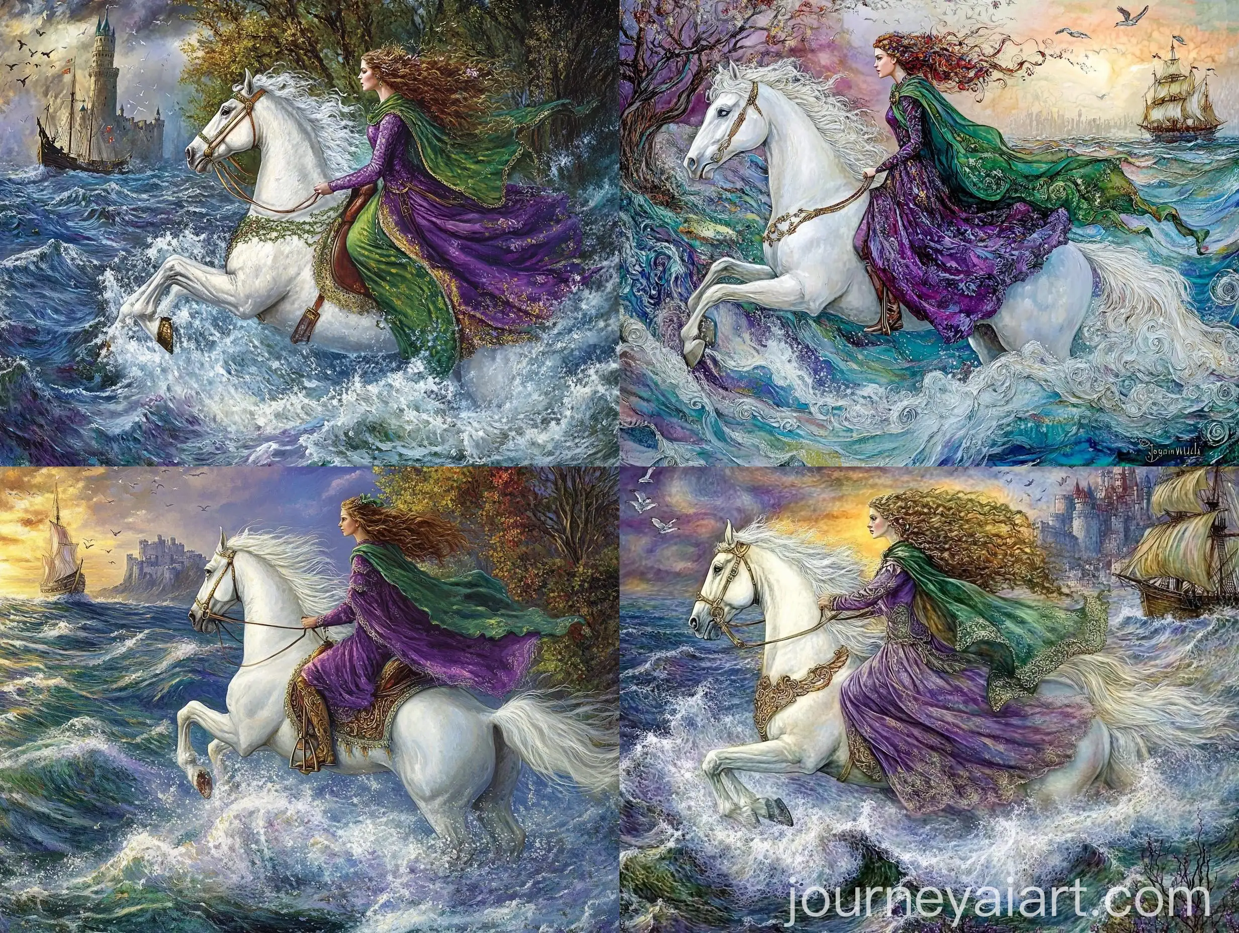 Josephine-Wall-Painting-of-Guinevere-Riding-White-Horse-in-Stormy-Sea