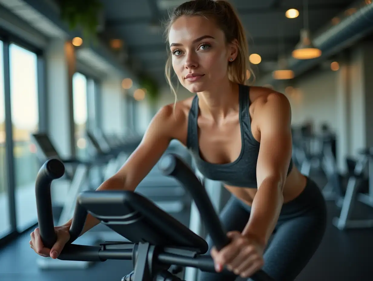 Young woman having HIIT in fitness club, she using exercise bike for it