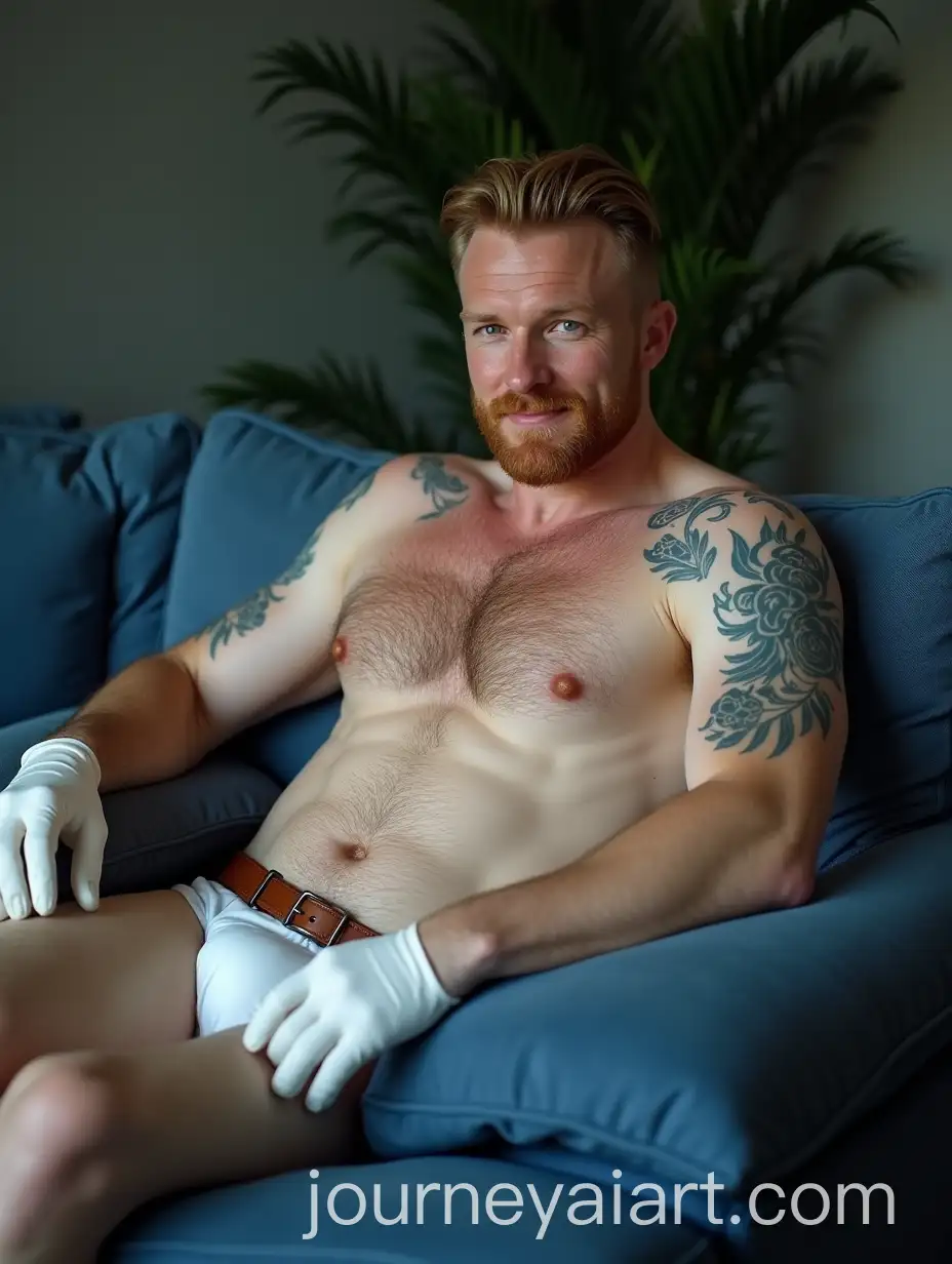 Mature-Police-Officer-Relaxing-on-Sofa-with-Ginger-Chest-Hair-and-Pale-Skin