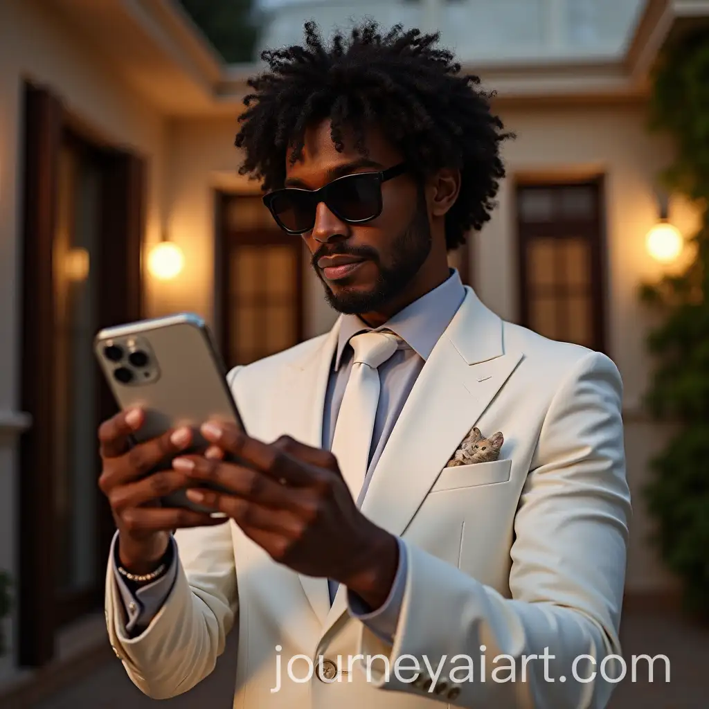 Sophisticated-Businessman-in-White-Suit-with-iPhone-15-Pro-Max-at-Evening-Mansion